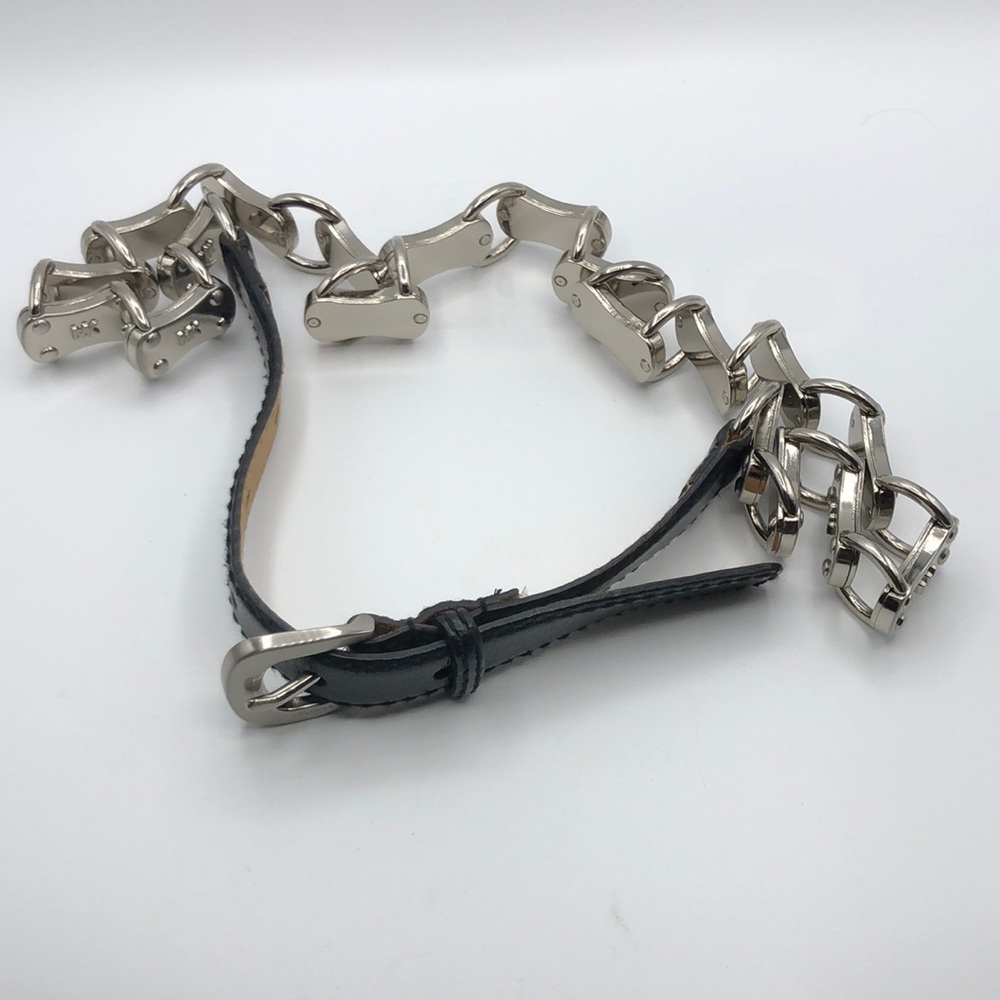 Vtg Black Leather & Shiny Silver Tone Metal Skinny MK Link Belt Medium